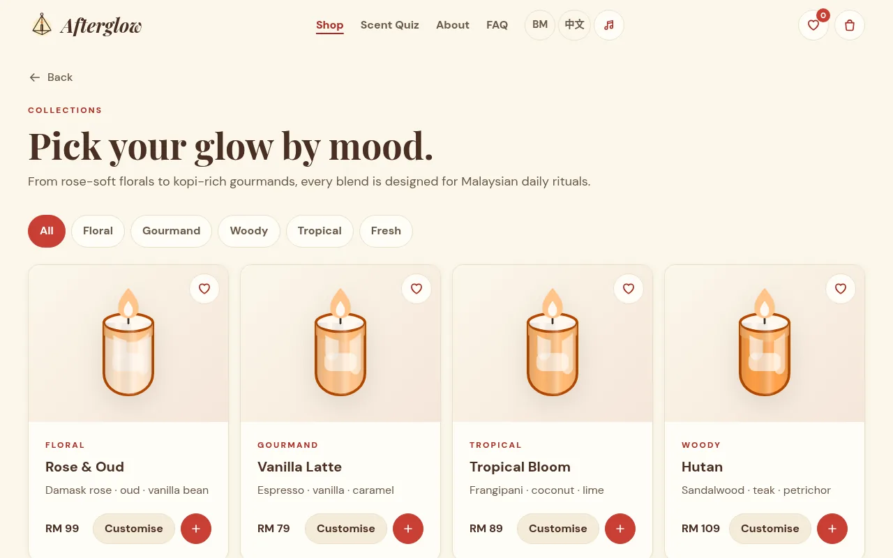 Afterglow shop page with scent filters and candle cards