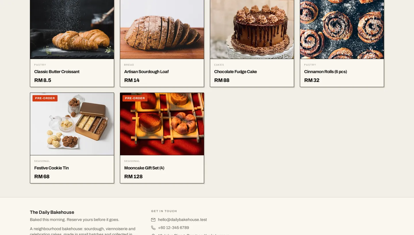 Catalogue: products, categories and pre-order badges.